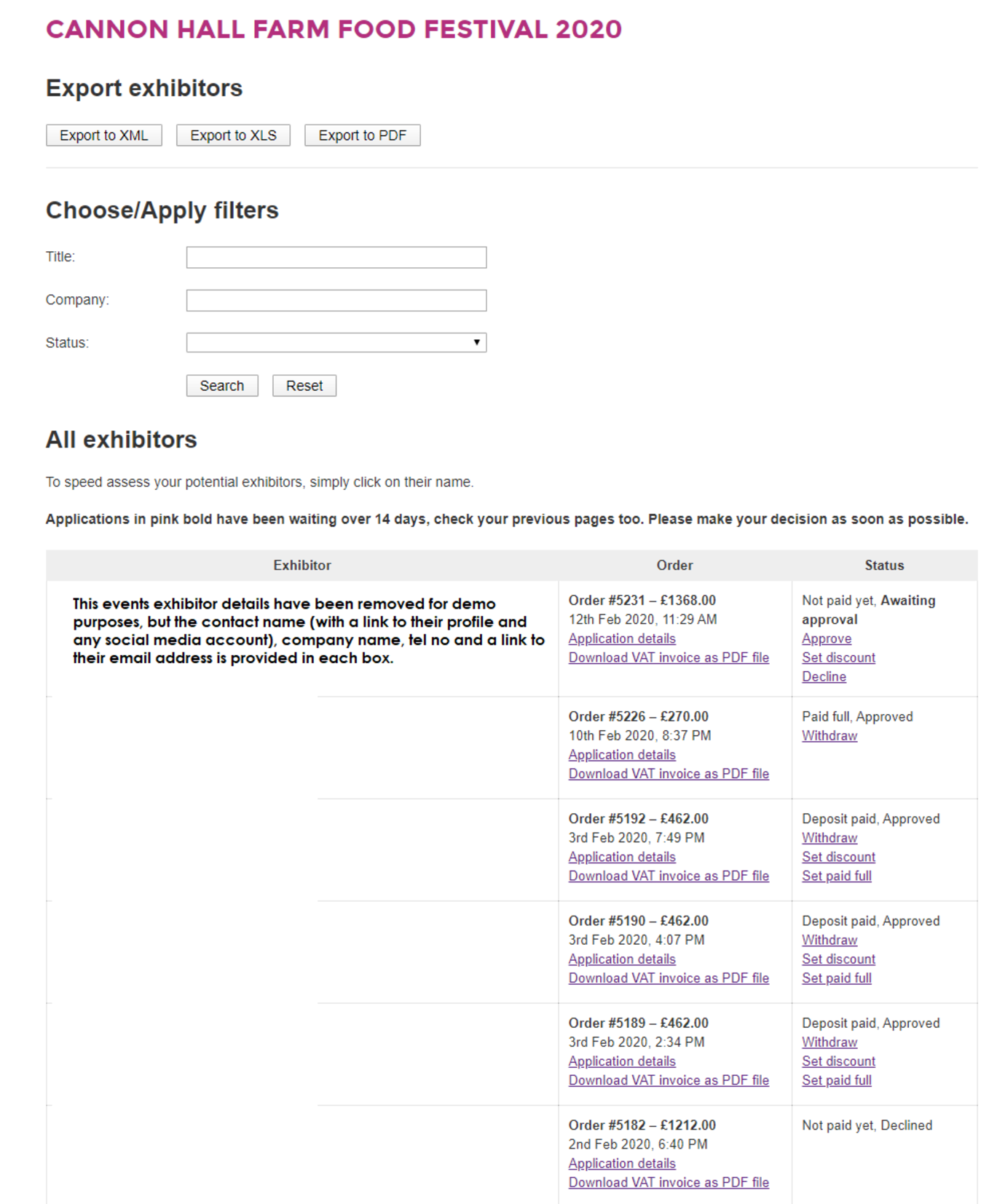 Exhibitor application list